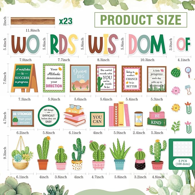 57 Pcs Cactus Bulletin Board Set Inspirational Summer Bulletin Board Decoration Positive Cutout Classroom Decoration for School Office Home Teacher Classroom Wall Supplies