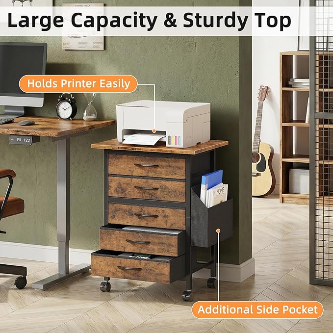 5 Fabric Drawers File Cabinet with Side Pocket, Rolling Printer Stand with Storage for Home Office, Wood Top Storage Cabinet for Documents and Crafts, Rustic Brown, 15" D