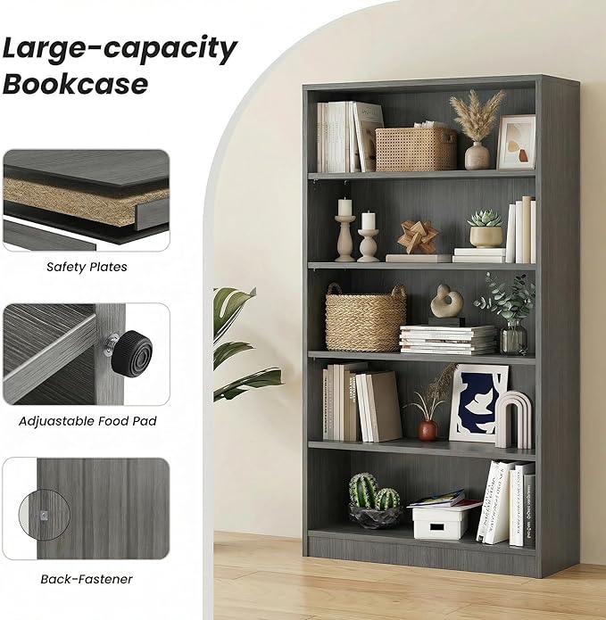 5 Tier Wooden Bookshelf, 60" H Tall Book Shelf with Adjustable Shelves, 33" Wide Bookshelf for Home Office, Living Room