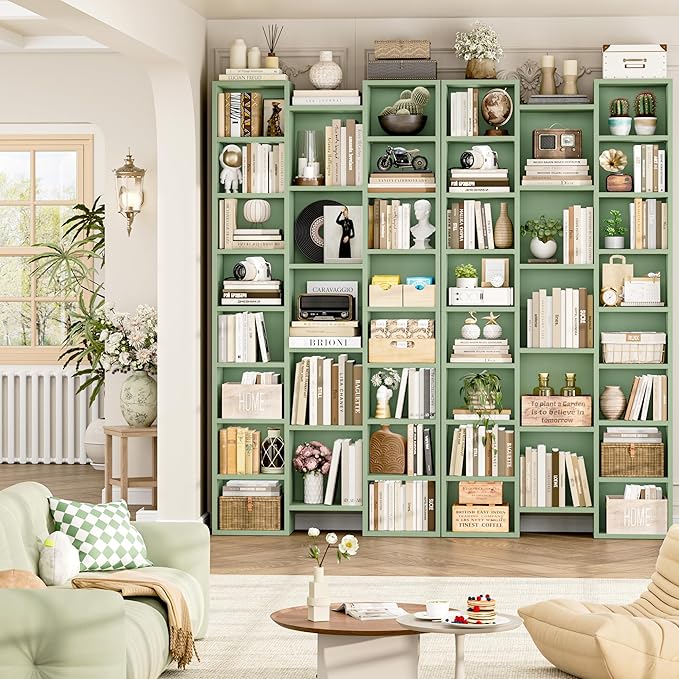 FOTOSOK 71'' Tall Bookshelf with 21 Cubes, 8 Tier Triple Wide Bookshelf with 8 Adjustable Shelves, 35" Large Bookcase DVD/CD Media Tower Storage, Freestanding Display Shelf Cabinet, Green