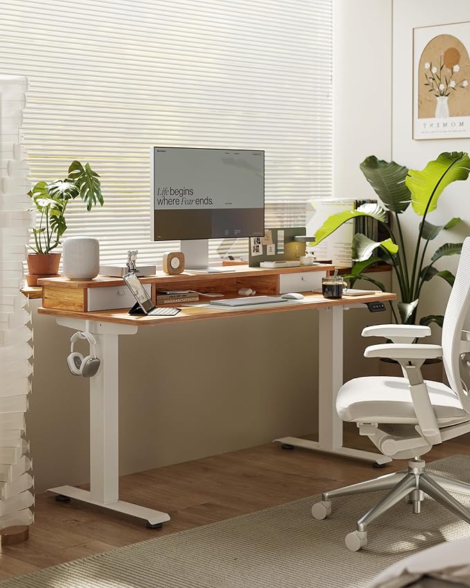 FEZIBO 55 x 24 Inch Height Adjustable Electric Standing Desk with Double Drawer, Stand up Desk, Home Office Computer Workstation with 4 Height-Adjustable Feets & 2 Hooks, Light Rustic