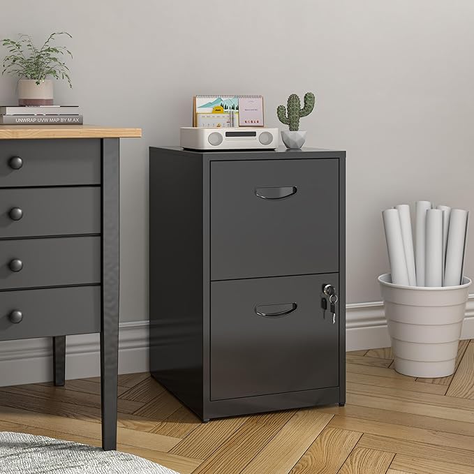 2 Drawer File Cabinet with Lock, Metal File Cabinets for Home Office, Under Desk Storage, Printer Stand, Office File Cabinets for Letters and File Boxes, Assembly Required, Black
