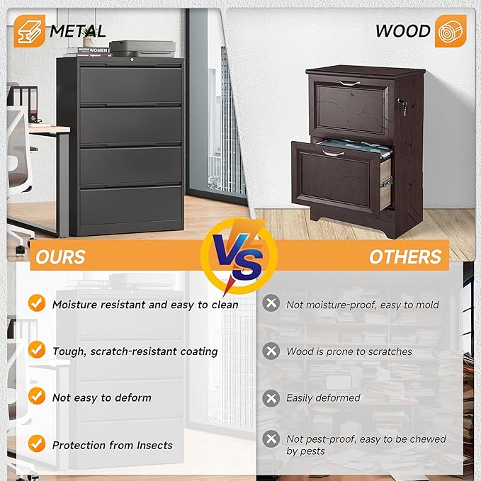 Bestoo 4-Drawer Lateral File Cabinet with Lock, Metal Filing Cabinet for Home Office, Lateral Filing Storage Cabinets, Fits File Folders, Letter/Legal/F4/A4 Sizes, Assembly Required (Black)