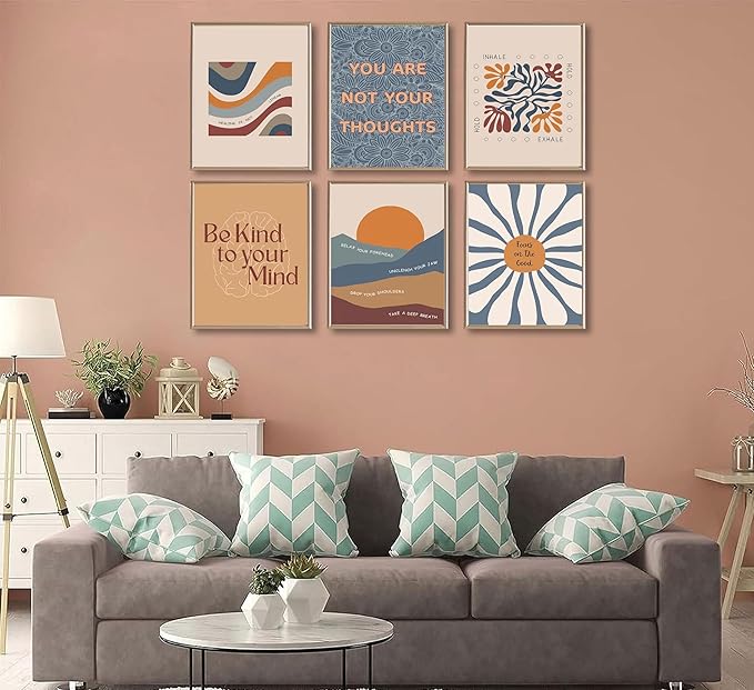 6Pcs Motivational Office Wall Art Mental Health Canvas Painting Psychology Therapy Office Wall Decor Boho Style Inspirational Pictures Positive Quotes Posters Prints for Home Counseling Unframed