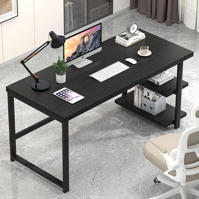 EXCEFUR Black Desk, Modern Computer Desk for Home Office, Metal Wood Writing Study Table Workstation with Storage Shelf for Living Room, Bedroom, 53 Inch