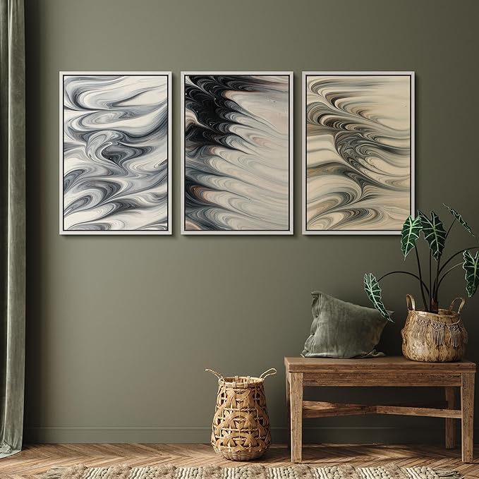 SIGNFORD Framed Wall Art Print Set Neutral Marble Swirl Abstract Elegant Fluid Pattern Digital Art Modern Art Contemporary for Living Room, Bedroom, Office - 24"x36"x3 WHITE