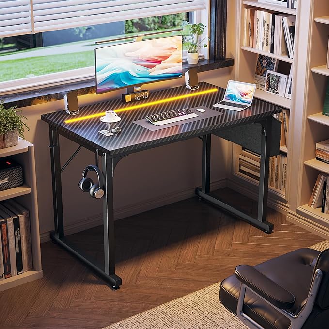40 Inch Computer Desk with LED Lights for Small Spaces, Office Desk for Home Office, Study Desk Writing Table with Storage Bag, Headphone Hook, Black
