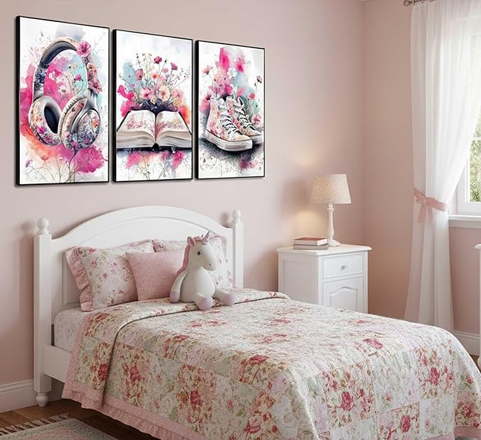 3Pcs Teen Girls Bedroom Canvas Wall Art Fashion Headphones Book and Shoes Pink Watercolo Splash Flower Painting Pictures Wall Decor Print Artwork for Living Room Dorm Home Decoration Unframed