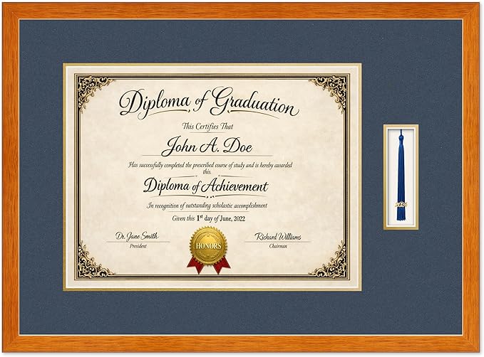 Diploma Frame with Tassel Holder Honey Oak Shadowbox Navy Blue Over Gold Mat - Fits 17 x 13 Degree Made in the USA