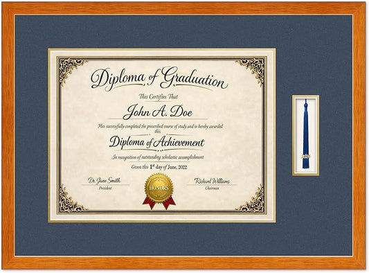Diploma Frame with Tassel Holder Honey Oak Shadowbox Navy Blue Over Gold Mat - Fits 17 x 13 Degree Made in the USA