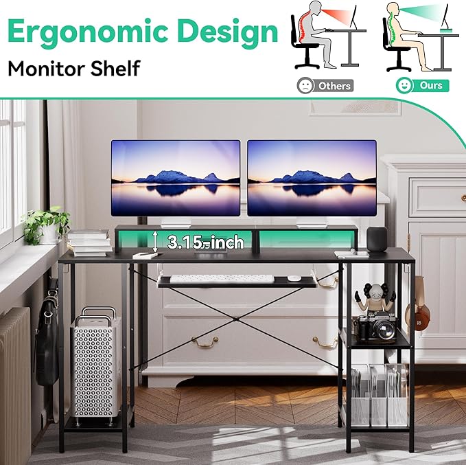 Workstation Desk with Keyboard Tray, 55 Inch Computer Desk with Storage Shelves Monitor Stands and 4 Iron Hooks, Industrial Desk for Home Office