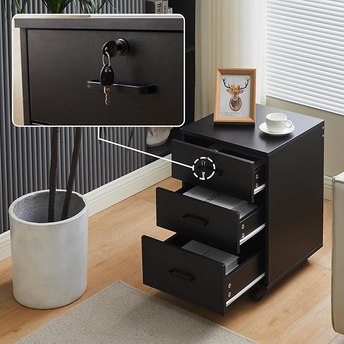 3 Drawer Mobile File Cabinet with Lock, Wooden Under Desk Filing Cabinet with Wheels, Small Rolling Storage Cabinet for Home Office Organizer A4/Letter Size/Legal, Black