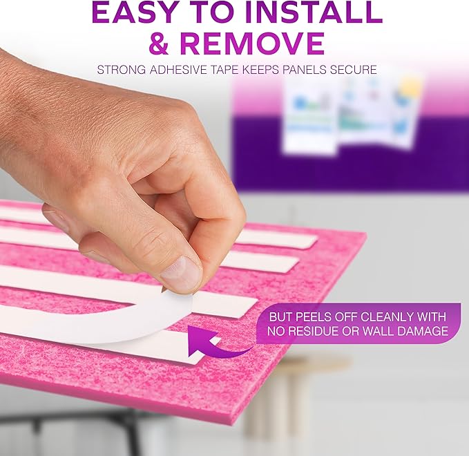 Bulletin Board 40x30in, 12 Count 9.8 x 9.8in Felt Wall Tiles with Removable Adhesive Tape, Cork Board Alternative for Walls, Wall Decor, Kids Art Display, Kids Room (Magenta Ombre Collection)