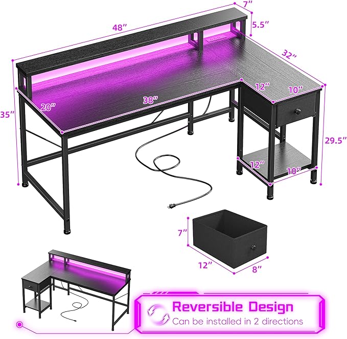 48" Gaming Desk with Power Outlet, Computer Desk with LED Lights & Drawer, L Shaped Desk with Monitor Stand for Gaming, Home Office Desk for Study Room, Bedroom, Living Room, Bedroom, Black