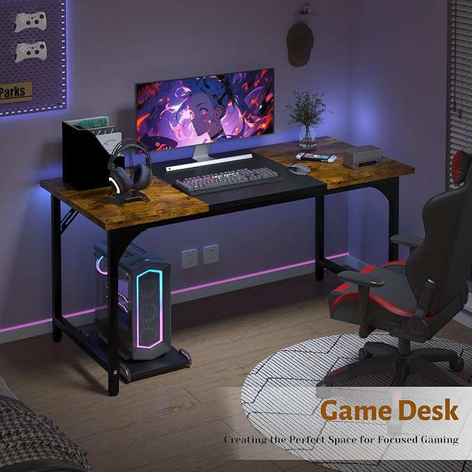 AZN Computer Desk, 47in Computer Desk, Gaming Office Desk w/Carbon Fiber Tabletop, Gaming Office Desk w/Sturdy Metal Frame, Home Office Desks w/Large Legroom for Game Work Study Writing,RusticBrown