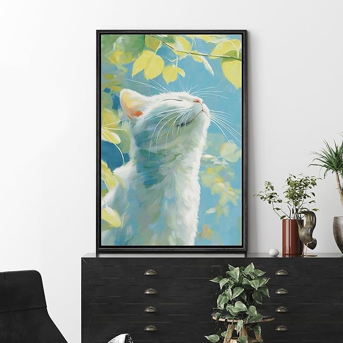 MUDECOR Framed Canvas Print Wall Art Sunlit White Catwork Illustrations Minimalism Decorative Relax Colorful for Living Room, Bedroom, Office - 24"x36" Black
