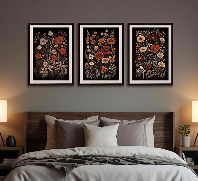 Wavkkey 3 Pcs Dark Floral Wall Art Vintage Moody Flowers Botanical Posters Painting Picture Wall Decor Canvas Print Artwork for Living Room Bedroom Women Room Home Decoration