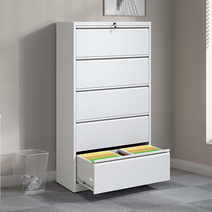 5 Drawer Lateral File Cabinet with Lock for Home Office Metal Filing Cabinet with Adjustable Hanging Rails Horizontal Filing Organization Storage Cabinet for Letter/Legal/A4/F4 Size White
