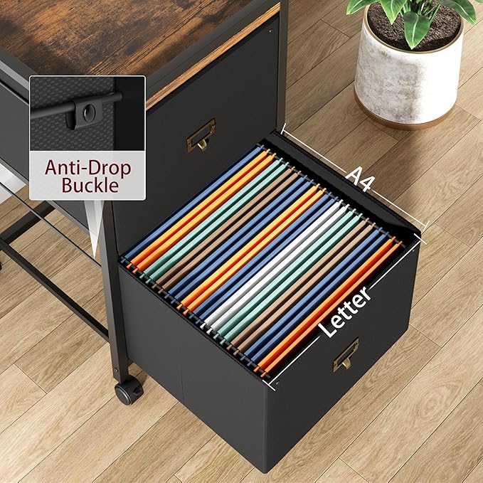 IDEALHOUSE 2 Drawer File Cabinet, Mobile Filing Cabinet for Home Office Fits A4 or Letter Size, Fabric Vertical File Cabinet with Wheels, Home Office Small Under Desk Storage Cabinet, Rustic Black