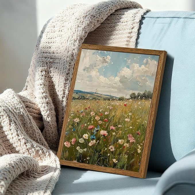 AVECCO Vintage Peaceful Wildflower Canvas Wall Art, Nature Floral Artwork Landscape Wall Decor, Colorfu Botanical Art Prints for Bedroom Living Room Office Home Decoration 12x16 Inches Wood Framed