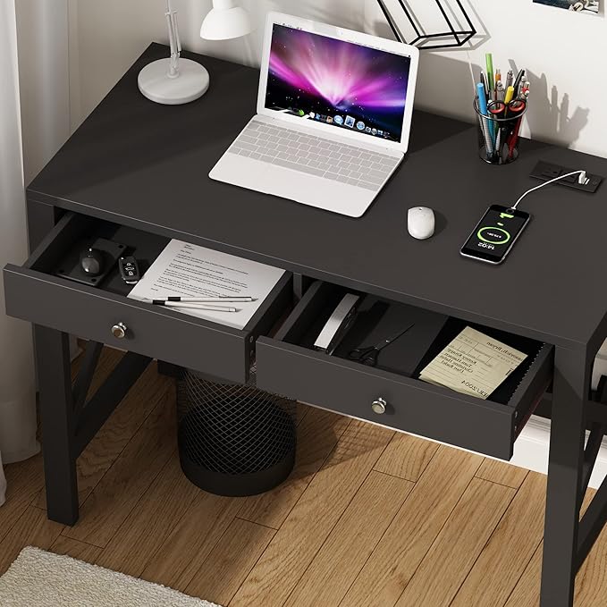 ChooChoo Computer Desk with USB Charging Ports and Power Outlets, Modern Simple 40 Inches Desk with Drawers, Makeup Vanity Console Table, Black