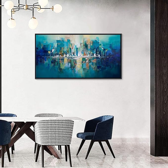 Large Framed Abstract Wall Art for Living Room - Teal and White Modern Cityscape Painting, Contemporary Canvas Wall Decor for Office, Bedroom, Ready to Hang Size 20×40 Inch