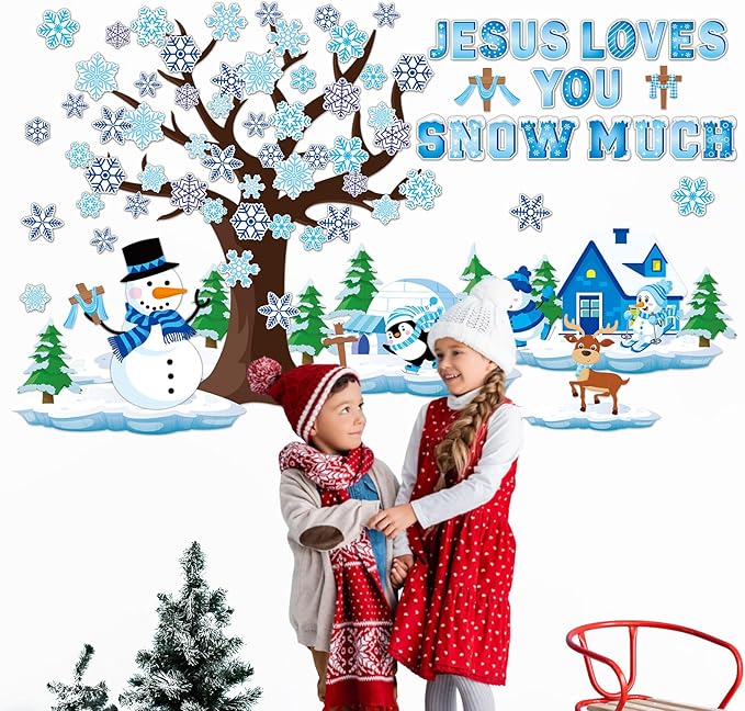 gisgfim Winter Bulletin Board Decorations Winter Snowflakes Snowman Tree Paper Cutouts Christmas Christian Bulletin Board Cutouts for Classroom Religious School Door Christmas Home Wall Decor Supplies