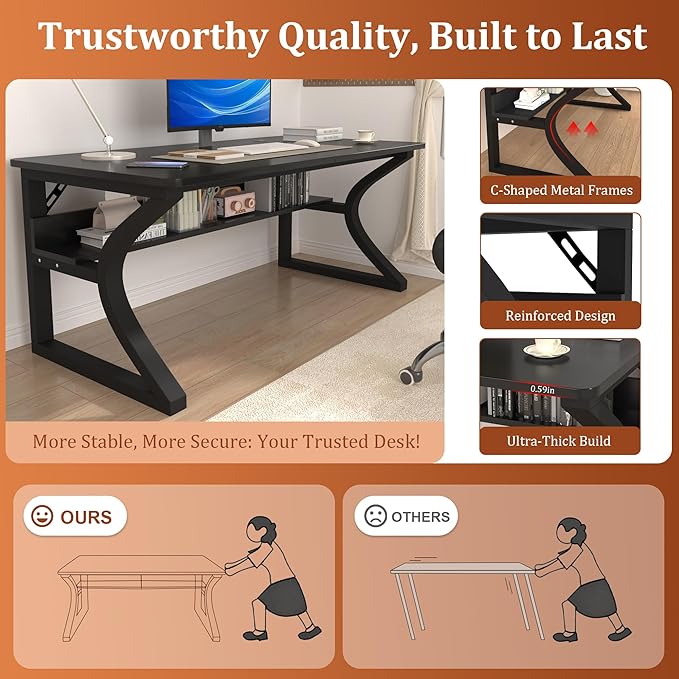 Computer Desk, 55'' Computer Desk Home Office Desks w/Storage Shelves & U Shaped Metal Frame, Study Writing Desk w/Cable Management, Deeper & Thicker Desktop Table for Home Office