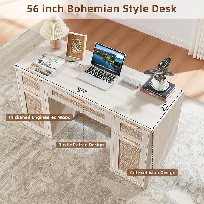 LEYAOYAO Office Desk 56" with 5 Drawers Storage File Cabinet Rattan Wood Desk for Computer Office Bedroom Home Furniture Light Gray