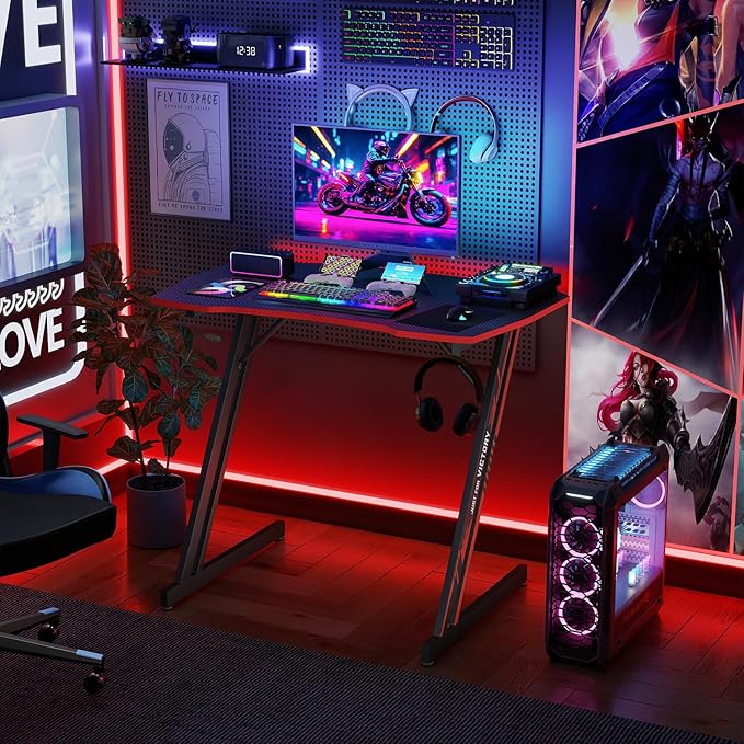 BestOffice Gmaing Desk 35 in PC Computer Desk Z Shaped Gaming Workstation Ergonomic Gaming Table with Headphone Hook for Home Office,Black&Red