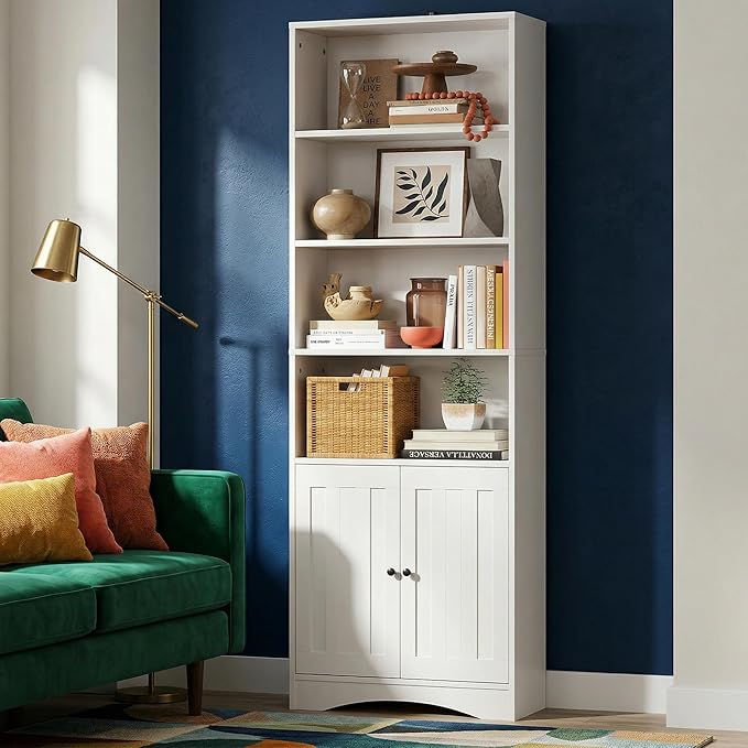 Gizoon Bookshelves and Bookcases with Doors, 6-Shelf Bookcase, Floor Standing Display Storage Shelves, 71” Tall Bookcase, with Adjustable Shelves, for Home, Office, Living Room, Bedroom, White