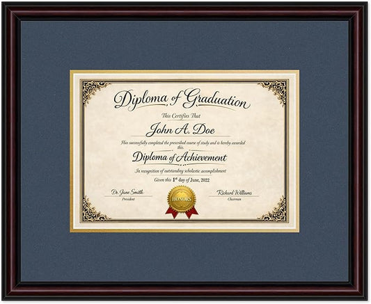 Diploma Frame Executive Brown with Navy Blue Over Gold Double Mat - Fits 11.69 x 8.27 A4 Certificate Wall Display Made in the USA