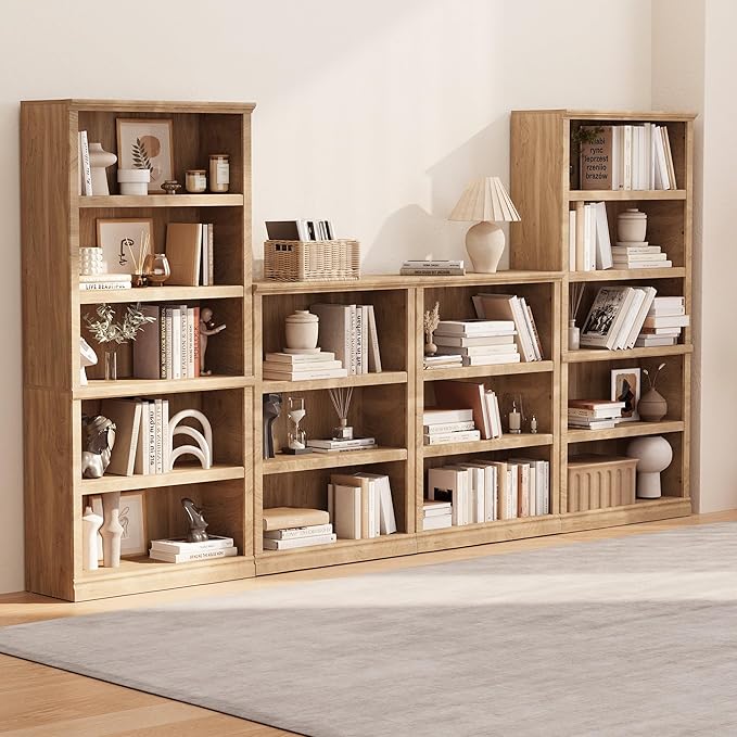 blini Bookshelf and Bookcase Set of 2, Wooden Oak Double Wide Large Bookshelves 5 Tier Tall Bookshelf with Storage Cabinets for Living Room, Home Office, Library (Oak, 5-Shelf)
