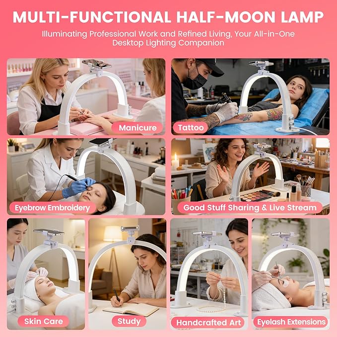 Half Moon Light for Nail Desk: 18.5" Half Moon Nail Tech Light with Phone Holder -Shadow-Free Arch Nail Table Lamp with with 3 Color Modes & 10 Brightness for Manicure Salon (White, 18inch)