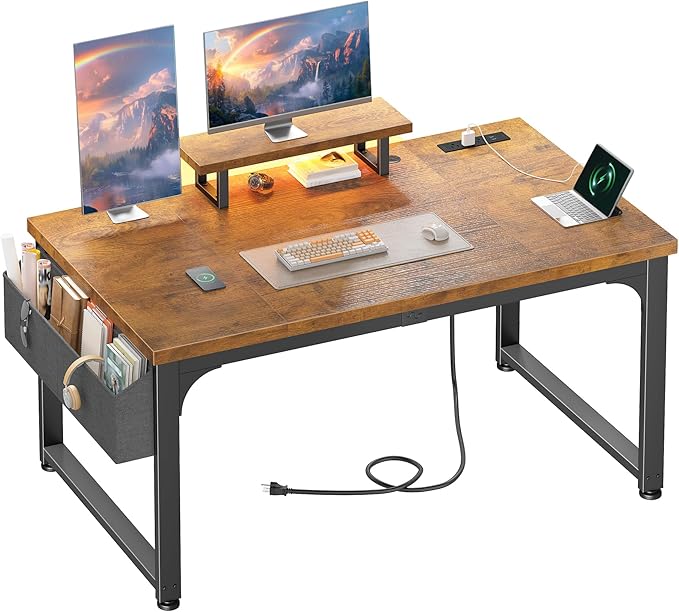 Computer Desk with 0.95 Inch Thicker Desktop & Monitor Stand & Storage Bag, Office Desk with Power Outlets, Gaming Desk with LED Light, Writing Desk for Home Office, Study, Bedroom, Brown