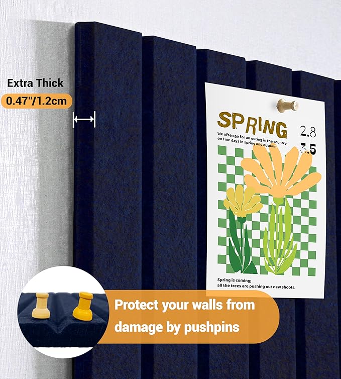 1/2" Thick Cork Board for Office, 6 Pack Felt Wall Tiles -28"x18" with Safe Adhesive Tabs, Large Bulletin Board, Push Pin Board Organizer Wall - Dark Blue