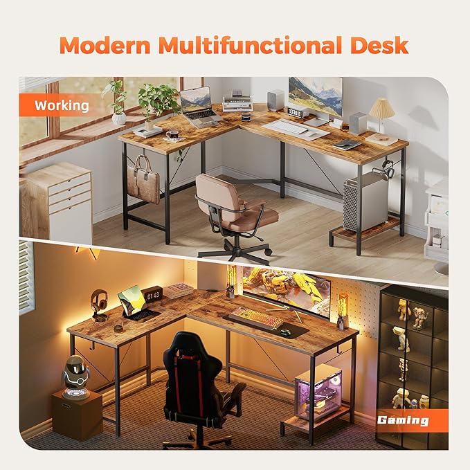 Mericonia 50 inch Large L Shaped Desk, Simple Corner Gaming Desk with CPU Stand & Hooks, Computer Desk for Home, Bedroom & Office Workspace, Rustic Brown