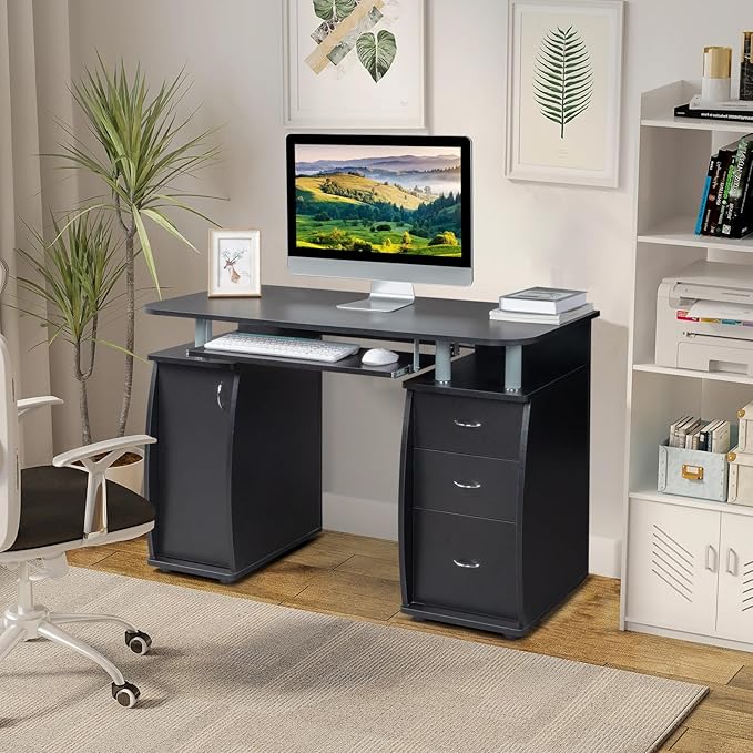 Karl home Computer Desk with Drawers & Storage Cabinet, Small Office Desk PC Laptop Workstation for Home, Studio, Office, Apartment, Black