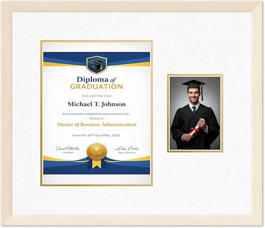 Diploma Frame With Photo Opening Coastal Whitewash Oyster Shell Over Gold Mat - Fits 10 x 13 Degree and Picture Made in the USA