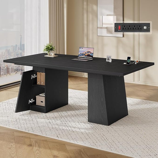 63 in Executive Desk with Power Outlets, Modern Home Office Desk with Storage Cabinet, Wood Computer Desk Business Workstation Desk Conference Table Black