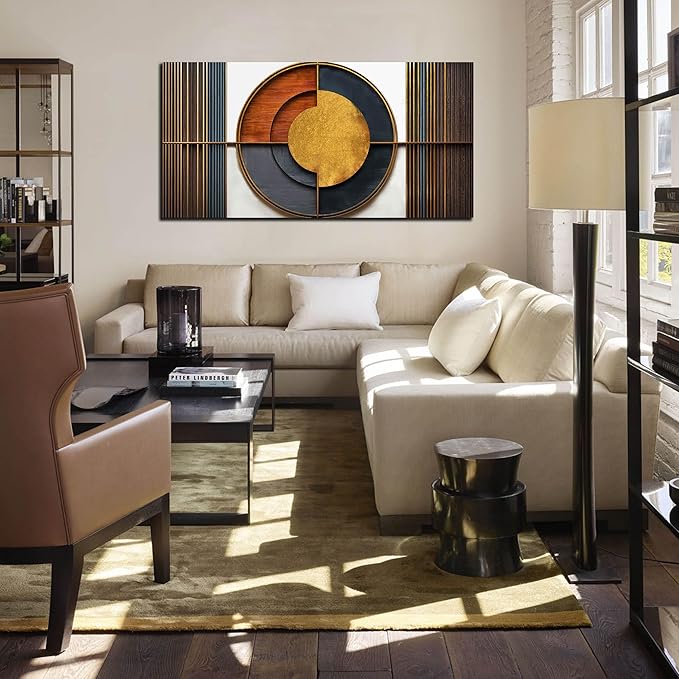 Large Canvas Wall Art for Living Room Bedroom Home Office Brown and White Wood Color Geometrical Picture Modern Canvas Prints Framed Wall Decor Size 24x48