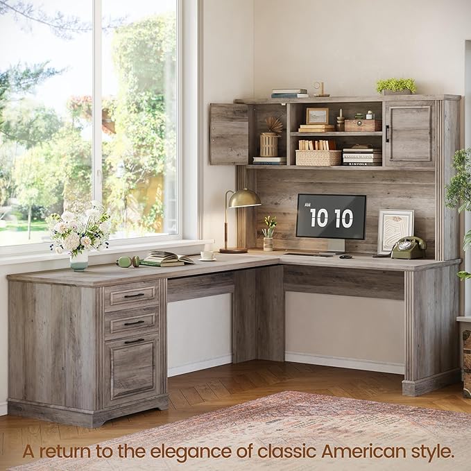 Itaar Farmhouse Executive L Shaped Desk, Home Office Desk with File Drawer and Power Outlet, Computer Corner Desk with Hutch and Drawer, Workstation for Office Home, Grey