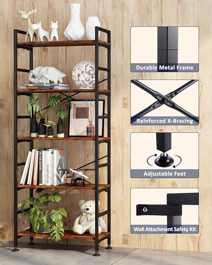 5-Tier Adjustable Tall Bookcase, Rustic Wood and Metal Standing Bookshelf, Industrial Vintage Book Shelf Unit, Open Back Modern Office Bookcases