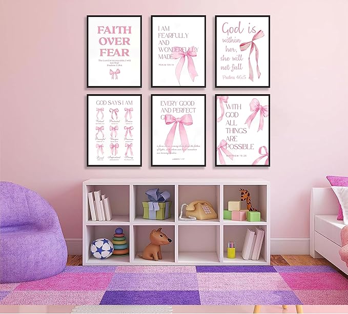 6Pcs Pink Christian Wall Art Inspirational Verse Posters Print Cute Coquette Bow Canvas Pictures for Girls Room Dorm Bathroom Bedroom Wall Decor 12x16In Unframed