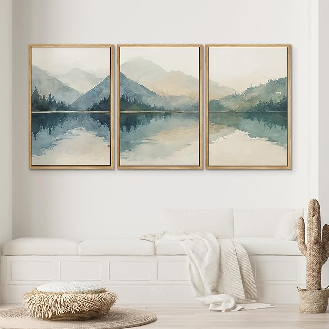 SIGNWIN Framed Canvas Print Wall Art Set Calm Lake Reflection Watercolor Mountain and Water Illustrations Modern Art Decorative Abstract for Living Room, Bedroom, Office - 16"x24"x3 Natural