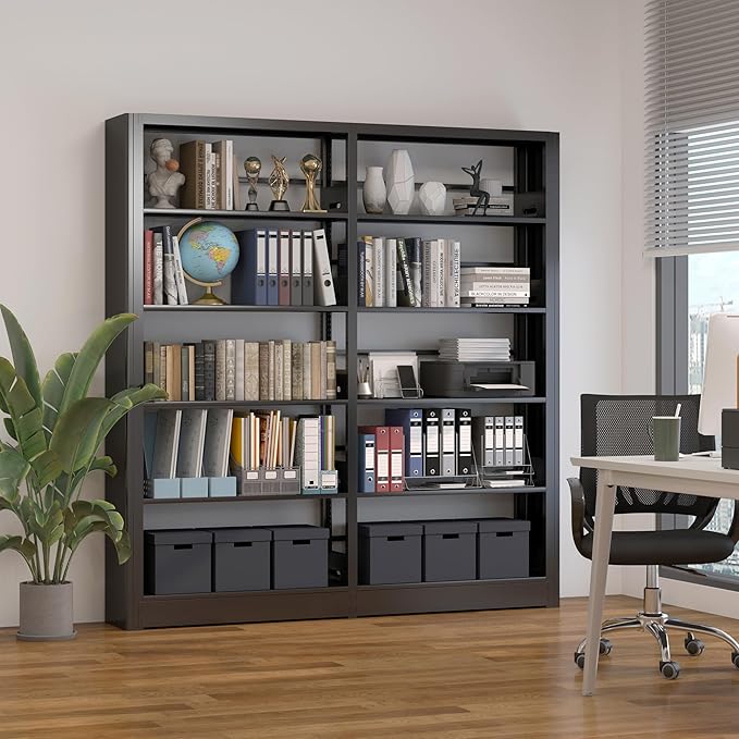 5-Tier Industrial Bookshelf, Black Bookcases and Bookshelves,Tall Metal Bookshelf Storage Organizer,Freestanding Book Shelf for Living Room,Home Office (Black, Shelf-2)