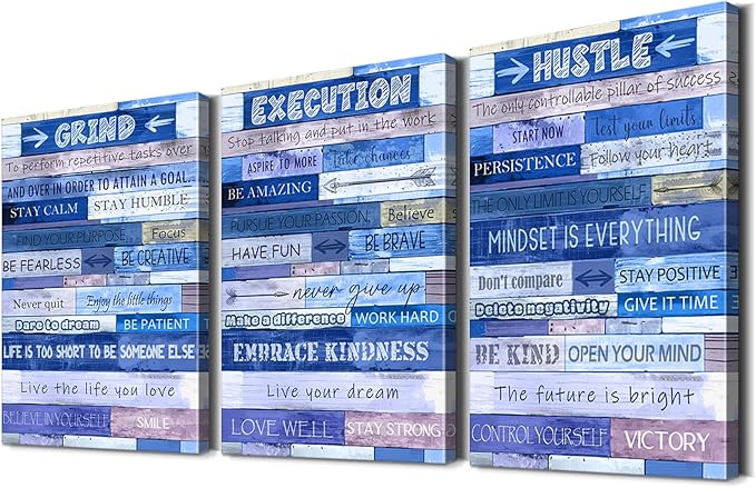 YOUHONG 3 Pieces Inspirational Wall Decor Quotes Motivational Wall Decor Motivational Posters Grind Execution Hustle Positive Office Artwork Office Art Easy to Hang for Room (24''Wx36''Hx3)