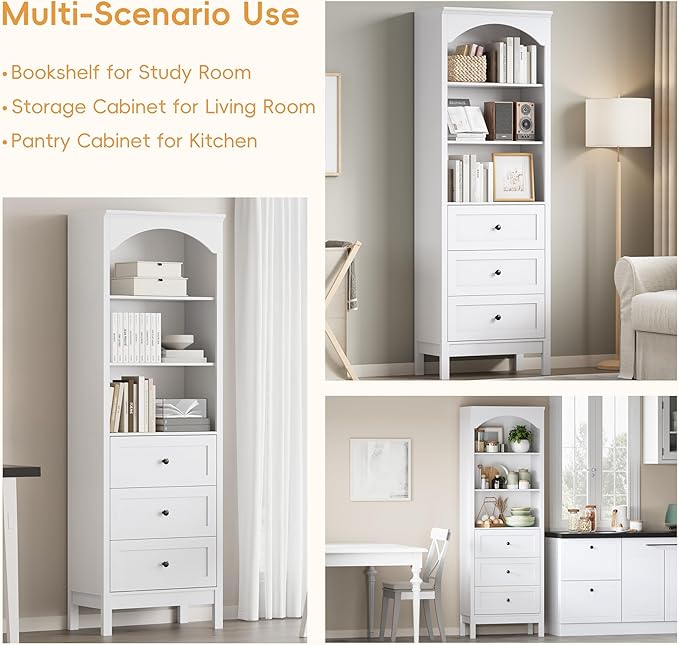 Bookshelf with Drawers, 71" Tall Wood Bookcase with Adjustable Shelf, 24" Wide Arched Book Shelf, Floor Standing Display Storage Cabinet for Home Office, Study and Living Room, Modern White