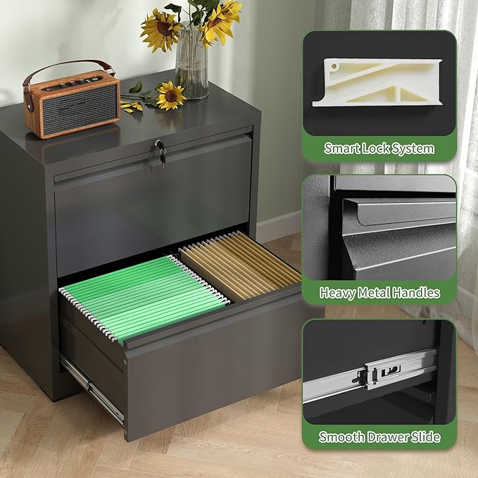 2 Drawer File Cabinet,Metal Lateral Filing Cabinet with Lock,Home Office Storage Organizer Cabinet for Legal/Letter/A4/F4 Size Files,26.8" W,Black