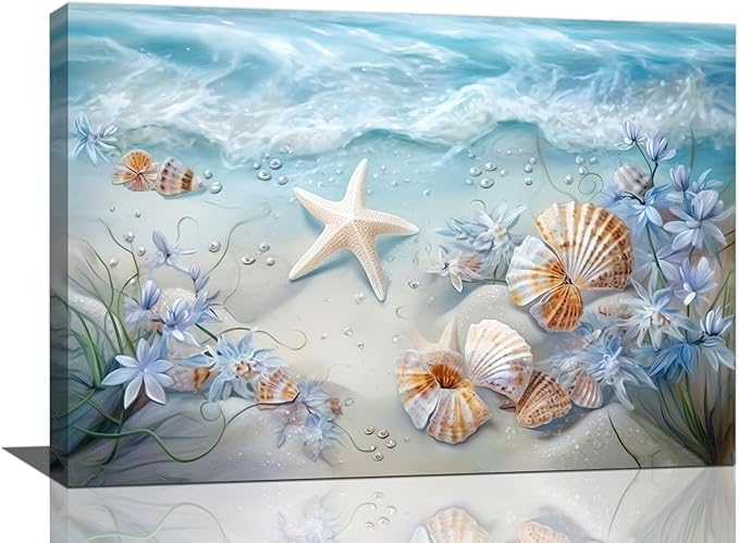 Beach Seashell Bathroom Wall Art Coastal Floral Pictures Wall Decor Flower Starfish Canvas Painting Modern Decoration Artwork for Bathroom Living Room Bedroom Office Framed 24"x16"
